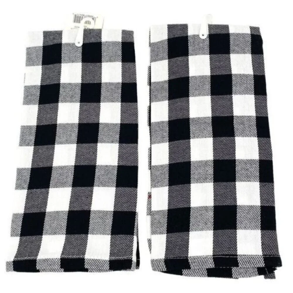 Black and White Buffalo Check Embroidered Holiday Kitchen Towel Set